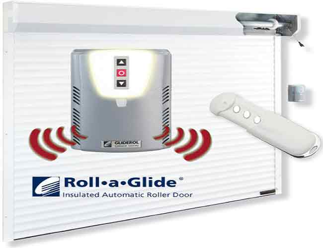 Internal view of the Gliderol insulated roller garage door showing the remote controls and the full box option.