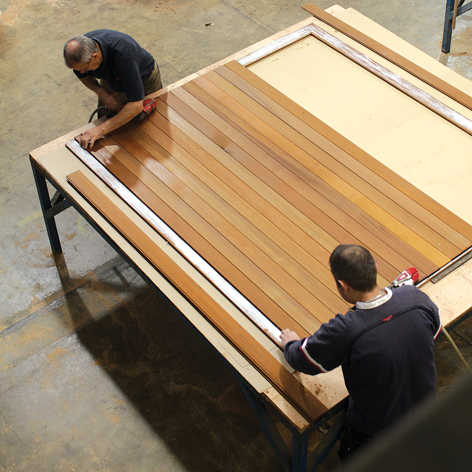 Example of a wooden garage door during the build process