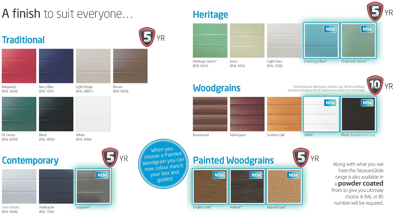 Seceuroglide roller shutter garage door colour chart